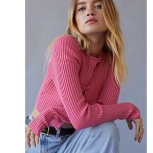 Pink Ribbed Long Sleeve Peyton Cropped Cardigan